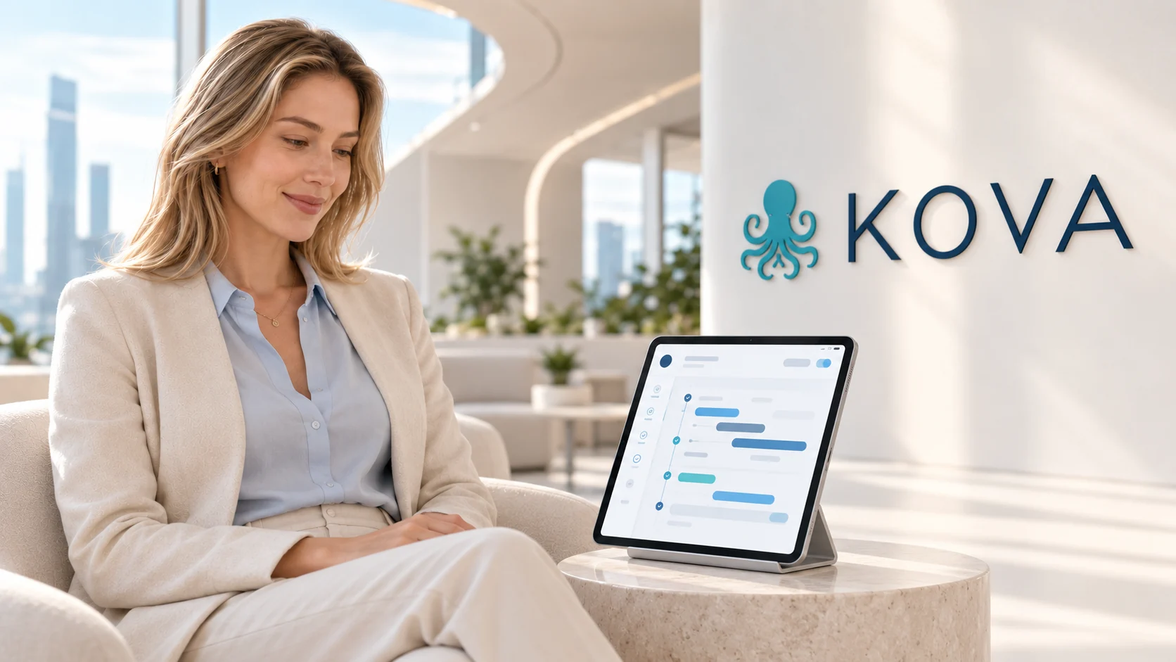 A professional with a tablet in a bright office.