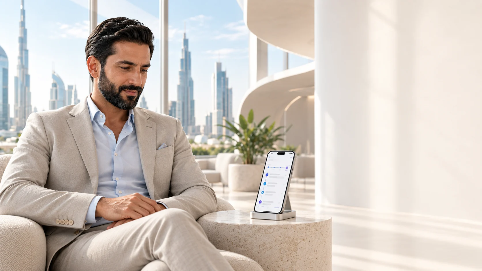 A senior executive in an office overlooking a city skyline, a phone in a stand beside him.